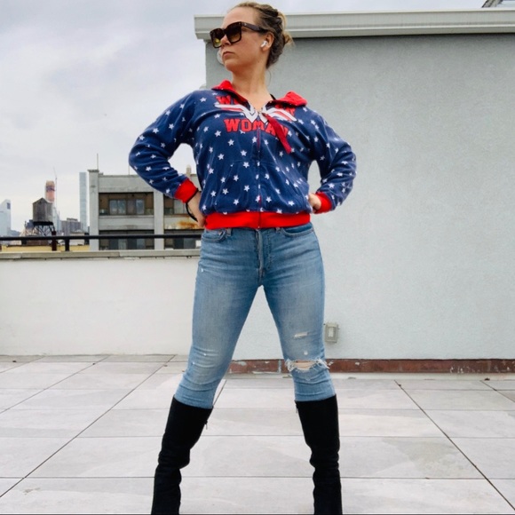 Vintage 2in1 Wonder Woman Red White Blue Star Stripe Double Side Turning Hoodie - Picture 4 of 16